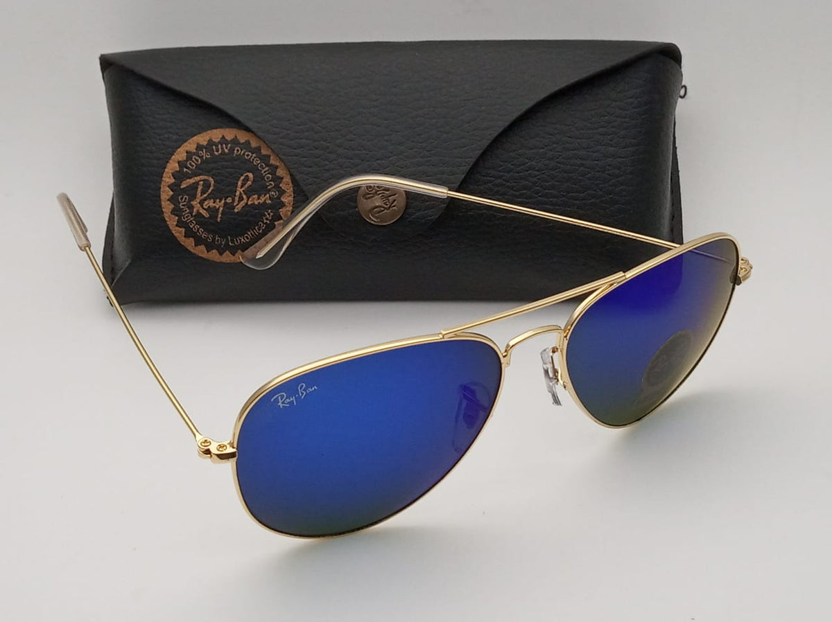 RAY-BAN Blue & Gold 3026 Aviator Causal Latest Sunglass For Unisex.